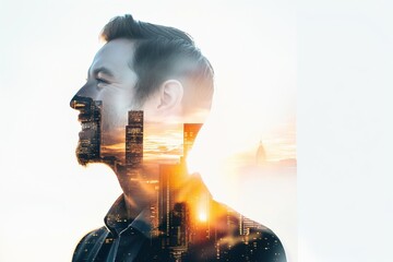 Wall Mural - Businessman smiling with sunset cityscape double exposure