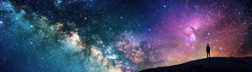 a silhouette of a person standing on a hill, gazing at a vibrant galaxy filled with colorful stars a