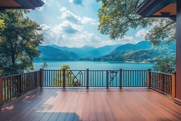 Wall Mural - beautiful scene of home balcony view with luxury wooden floor on clear lake background 