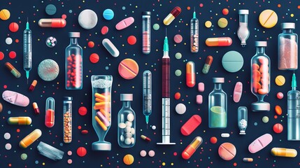 A medical stethoscope is placed against the background of various and colorful capsules and tablets. The concept of modern medicine and pharmacology. Banner, place for text 