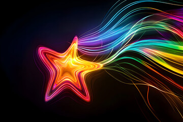 Wall Mural - Neon light trails illustration of a colorful starfruit isolated on black background.