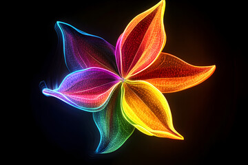 Wall Mural - Neon light trails illustration of a colorful starfruit isolated on black background.