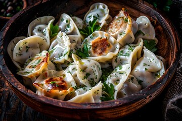 Wall Mural - Delicious dumplings garnished with fresh parsley in a rustic wooden bowl.