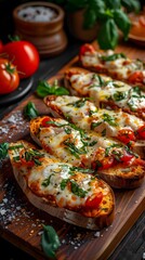 Wall Mural - Delicious vegetarian bruschetta with melted cheese and fresh ingredients.