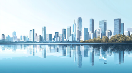 Wall Mural - minimalist illustration of a modern city skyline with gorgeous reflection in calm lake