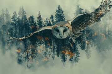 Wall Mural - Barn owl flying over burning forest fire double exposure