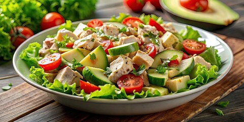 Wall Mural - Fresh and healthy chicken salad with creamy avocado, lettuce, tomatoes, and cucumbers, salad, chicken, avocado, healthy, fresh