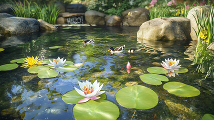 A peaceful garden pond with lily pads, water lilies, and a few ducks swimming 