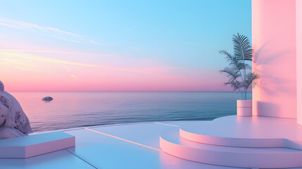 Wall Mural - 3ds realistic pink landscape with sun and sea and podium with romantic scene