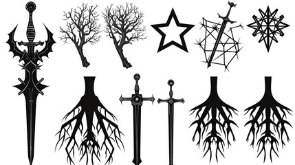 Poster - A Collection of Swords, Trees, and Star-Shaped Designs