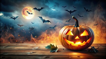 Canvas Print - Spooky Halloween background with glowing pumpkin and flying bats, October, festive, creepy, holiday, night, dark