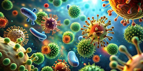 Canvas Print - Detailed of pathogenic bacteria and viruses in an infected organism, microscopic, vibrant, bacteria, viruses, pathogenic