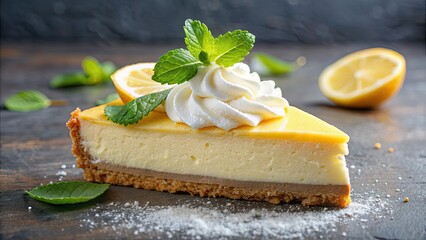 Sticker - Creamy lemon cheesecake slice with powdered sugar, whipped cream, and mint garnish on a graham cracker crust