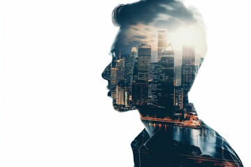 Wall Mural - Businessman dreaming about city skyline at night double exposure