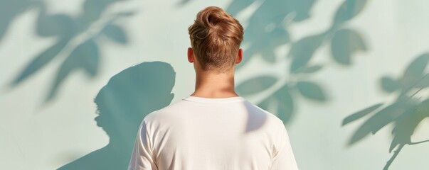 A young man stands against a pastel wall, his figure cast in shadow by nearby foliage, creating an artistic visual effect.