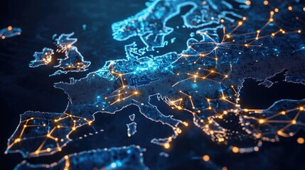 Poster - A futuristic digital map of Europe highlighting major cities and their network connections, symbolizing EU telecommunication infrastructure.
