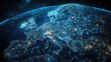 Poster - A futuristic digital map of Europe highlighting major cities and their network connections, symbolizing EU telecommunication infrastructure.