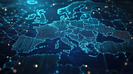 Poster - A futuristic digital map of Europe highlighting major cities and their network connections, symbolizing EU telecommunication infrastructure.