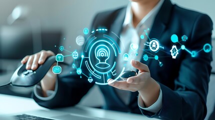Poster - Businesswoman holds a glowing digital network icon in her hand, showcasing the concept of technology and business.