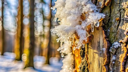 Wall Mural - Close-up shot of frozen sap on tree bark , winter, nature, texture, cold,icy, crystalized, crystalline, close-up, macro