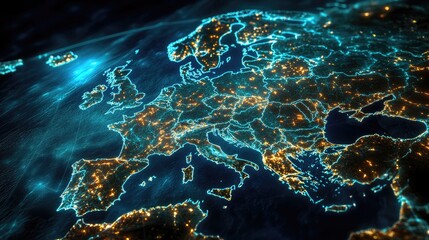 Poster - An illuminated digital map of Europe with interlinked nodes, representing the EU's data network and telecommunication systems.