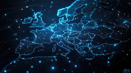 Poster - An illuminated digital map of Europe with interlinked nodes, representing the EU's data network and telecommunication systems.