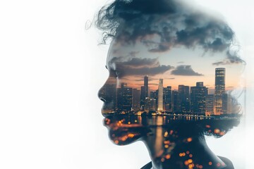 Wall Mural - Young woman combining with cityscape at sunset in double exposure portrait