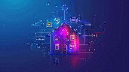 Poster - Illustration of a Smart Home with various icons representing connected devices and features.