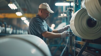 Poster - A person is working on a machine in a factory environment, possibly manufacturing or assembling parts