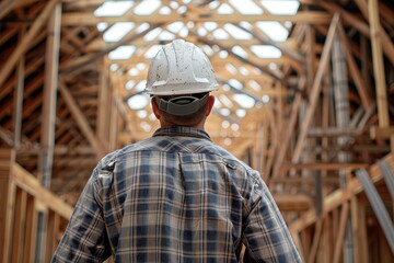 A man wearing a hard hat and plaid shirt stands in a building