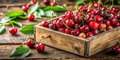 Wall Mural - Freshly harvested cherries in a rustic wooden crate , ripe, juicy, red, fruit, organic, agriculture, farm, produce