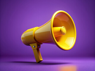 Vibrant yellow megaphone standing upright on a rich purple background, symbolizing loud and clear announcements, notifications, or important messages in a bold, minimalist design.