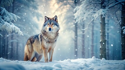 Naklejka na meble A majestic wolf standing in a snowy winter forest, wolf, wild, predator, nature, wildlife, snow, cold, fur, wilderness
