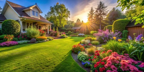 Wall Mural - Serene backyard oasis featuring lush green grass, vibrant flowers, and perfectly manicured landscaping, bathed in warm sunlight and surrounded by tranquil atmosphere.