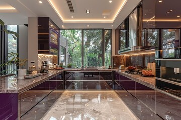 A large kitchen with a lot of counter space and a window