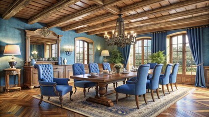 Elegant country cottage style dining room features classic blue decor, ornate wooden furniture, and plush chairs surrounding a beautifully set table beneath a rustic wooden beam ceiling.