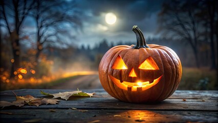 Poster - Carved pumpkin glowing in dark, spooky outdoor setting, pumpkin, Halloween, carved, glowing, light, spooky, outdoor, night