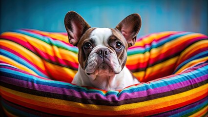 Canvas Print - Adorable French Bulldog laying comfortably in a colorful dog bed , pet, dog, French Bulldog, cute, adorable