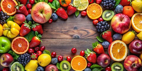 Wall Mural - Assorted fruit in a beautiful arrangement , healthy, colorful, fresh, mixed, vibrant, organic, tropical, juicy, ripe, produce