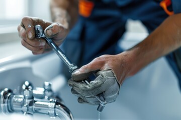 Wall Mural - A man is fixing a sink with a wrench