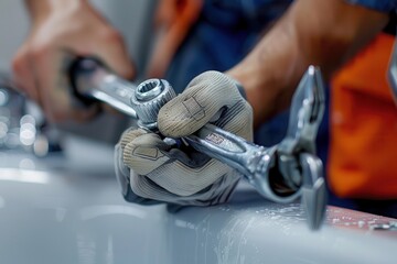 Wall Mural - A man is fixing a sink with a wrench and pliers