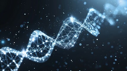 Fototapete - Abstract 3D glowing DNA double helix structure with twisting strands for representation of life complexity and biological information beauty in genetic code concept.