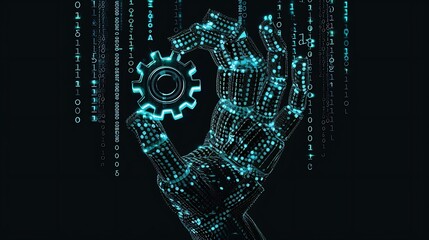 Poster - Digital Hand with a glowing blue light holds a gear in front of a binary code background, symbolizing the power of technology and innovation in the digital age.