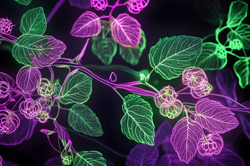 Wall Mural - Neon illustration of boysenberry bushes isotated on black background.