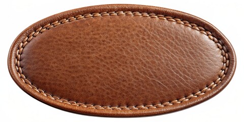 empty round brown leather patch with visible seam stitched in middle isolated on pure white backgrou