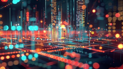 Poster - Abstract Digital Cityscape glowing with vibrant neon colors and lines, representing the interconnectedness of the digital world.