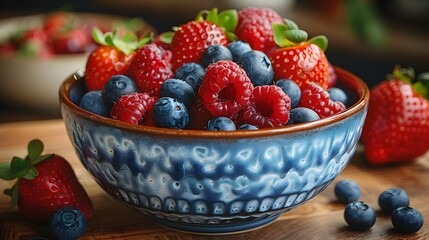 Canvas Print - A bowl of mixed berries, including blueberries and strawberries