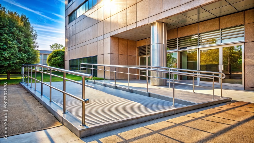 A gently sloping ramp leads up to a building entrance, symbolizing ...