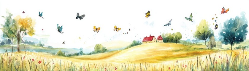 a serene landscape featuring butterflies soaring above a grassy field, with a charming farmhouse in 
