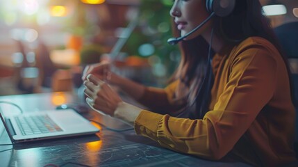 A woman focused on her work with a headset and laptop, great for business or technology illustrations